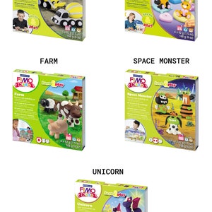 May include: Five colorful boxes of FIMO Kids modeling clay. Each box features a different theme: Construction Trucks, Dreamy Pets, Farm, Space Monster, and Unicorn. Each box includes 4 packs of clay, weighing 168 grams (6 ounces) total.