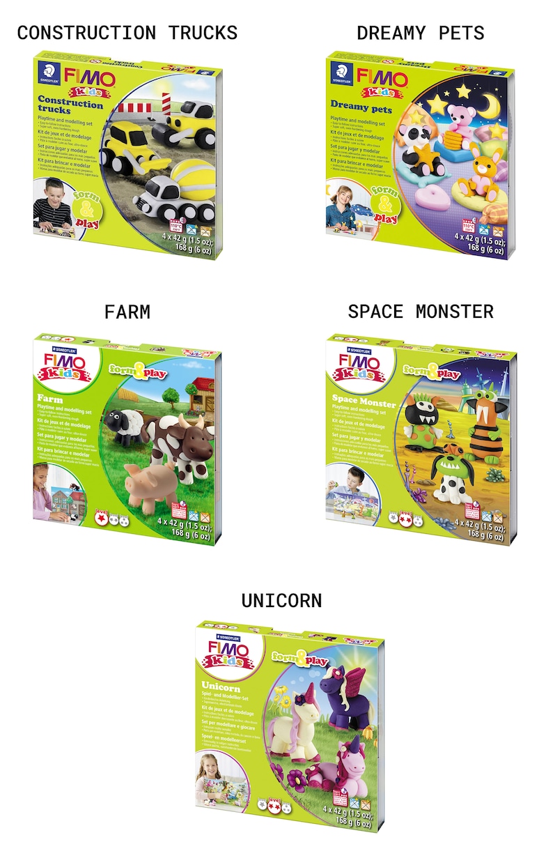 May include: Five colorful boxes of FIMO Kids modeling clay. Each box features a different theme: Construction Trucks, Dreamy Pets, Farm, Space Monster, and Unicorn. Each box includes 4 packs of clay, weighing 168 grams (6 ounces) total.