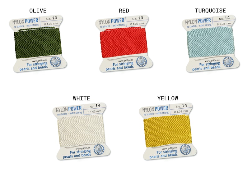 May include: Five spools of nylon thread for stringing pearls and beads. The spools are labeled with the colors: Olive, Red, Turquoise, White, and Yellow. Each spool is labeled "Nylon Power" and has the size "No. 14" and the thickness "0 1,02 mm".