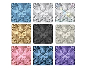 May include: Nine square-shaped, faceted, crystal-like stones in various colours, including light blue, white, clear, gold, black, grey, pink, dark blue, and purple.