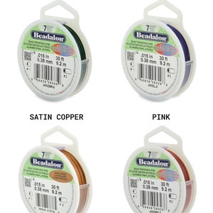 May include: Four spools of Beadalon bead stringing wire in green, blue, satin copper, and pink. Each spool is labeled with the Beadalon brand name, the wire size (0.015 inches or 0.38 millimeters), and the length (30 feet or 9.2 meters).