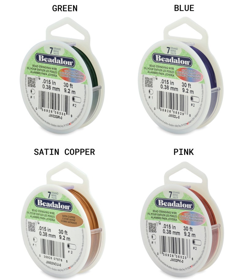 May include: Four spools of Beadalon bead stringing wire in green, blue, satin copper, and pink. Each spool is labeled with the Beadalon brand name, the wire size (0.015 inches or 0.38 millimeters), and the length (30 feet or 9.2 meters).