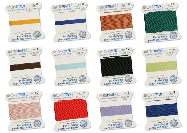 May include: Assortment of 10 spools of nylon power cord for stringing pearls and beads. The spools are labeled with numbers 0, 1, 2, 3, 5, 10, 12, and 14. The cord is available in a variety of colors, including yellow, blue, brown, light blue, black, green, light green, pink, red, purple, and dark blue.