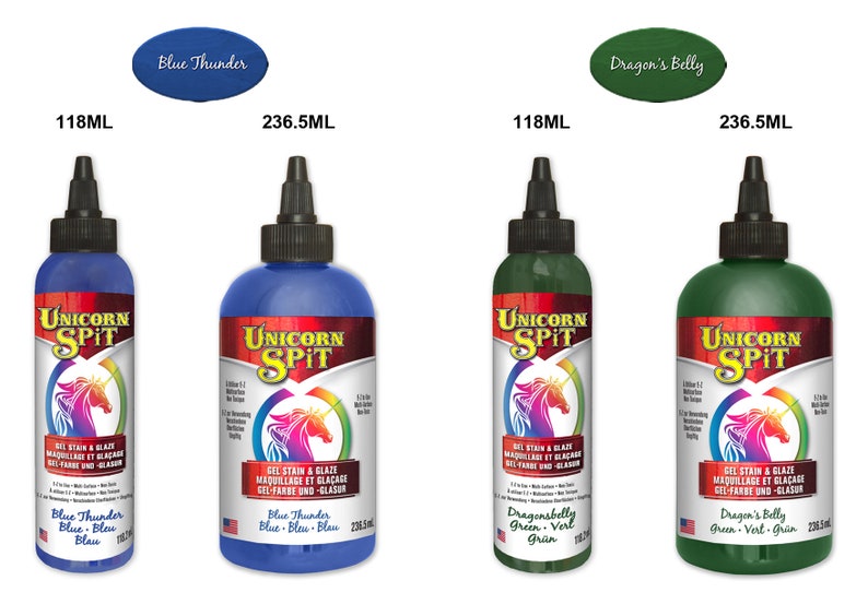May include: Two bottles of Unicorn Spit gel stain and glaze in Blue Thunder blue and Dragon's Belly green. The bottles are available in 118 ml and 236.5 ml sizes.
