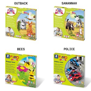 May include: Four colorful boxes of Fimo Kids modeling clay sets. Each box features a different theme: Outback, Savannah, Happy Bees, and Police Race. Each box includes a picture of the theme, a child playing with the clay, and the text "Fimo Kids form play".