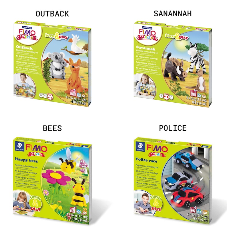 May include: Four colorful boxes of Fimo Kids modeling clay sets. Each box features a different theme: Outback, Savannah, Happy Bees, and Police Race. Each box includes a picture of the theme, a child playing with the clay, and the text "Fimo Kids form play".