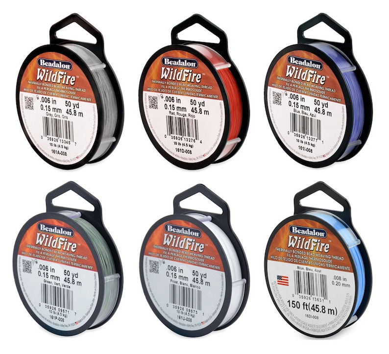 May include: Six spools of Beadalon WildFire beading thread in various colors, including gray, red, blue, green, white, and light blue. Each spool contains 50 yards (45.8 meters) of thread.