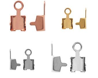 May include: Four sets of metal clasps in different finishes: rose gold, gold, silver, and gunmetal. Each clasp is square-shaped with a small loop on top and a side-mounted hook.