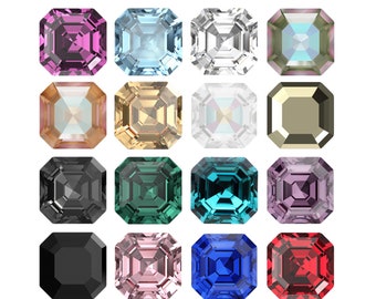 May include: Assortment of 16 square-shaped gemstones in various colors, including black, white, blue, green, red, pink, purple, and brown. The gemstones are arranged in a grid pattern.