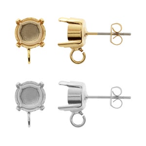 May include: Two pairs of earring settings, one gold and one silver. Each setting has a round bezel for a stone, a loop for attaching a dangle, and a post with a butterfly back.