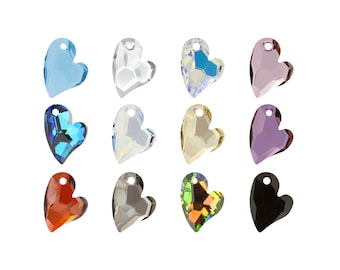 May include: A collection of heart-shaped crystal pendants in various colors, including blue, clear, iridescent, purple, amber, and black. Each pendant has a small hole at the top for stringing. The pendants are displayed against a white background.