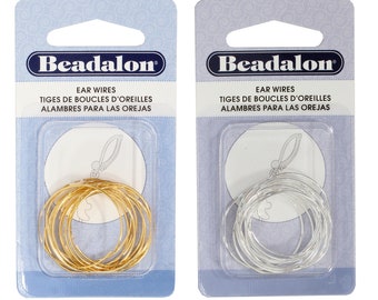 May include: Two packages of Beadalon ear wires. The package on the left contains gold ear wires and the package on the right contains silver ear wires. Each package contains 20 ear wires.