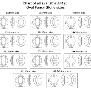 Pode incluir: Gr&aacute;fico mostrando diferentes tamanhos de pedras ovais de fantasia, variando de 6x4mm a 49,5x39mm. Cada tamanho &eacute; ilustrado com um desenho de linha da pedra, mostrando suas dimens&otilde;es em mil&iacute;metros.