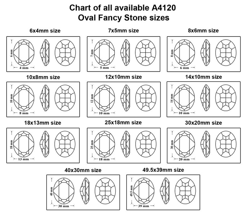 Pode incluir: Gr&aacute;fico mostrando diferentes tamanhos de pedras ovais de fantasia, variando de 6x4mm a 49,5x39mm. Cada tamanho &eacute; ilustrado com um desenho de linha da pedra, mostrando suas dimens&otilde;es em mil&iacute;metros.