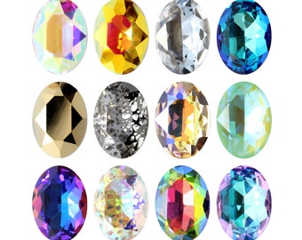 May include: Twelve oval-shaped gemstones in various colors, including gold, silver, blue, and iridescent hues. The gemstones are arranged in a grid pattern against a white background, showcasing their facets and reflective qualities. These gems are suitable for jewelry making.