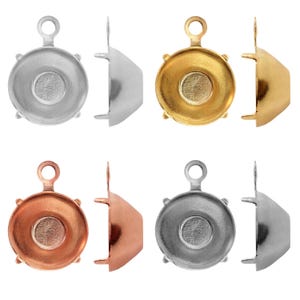 May include: Four pairs of metal cup settings for jewellery making. The settings are in silver, gold, rose gold, and gunmetal. Each setting has a round cup with a small hole at the top for attaching a bail or jump ring.