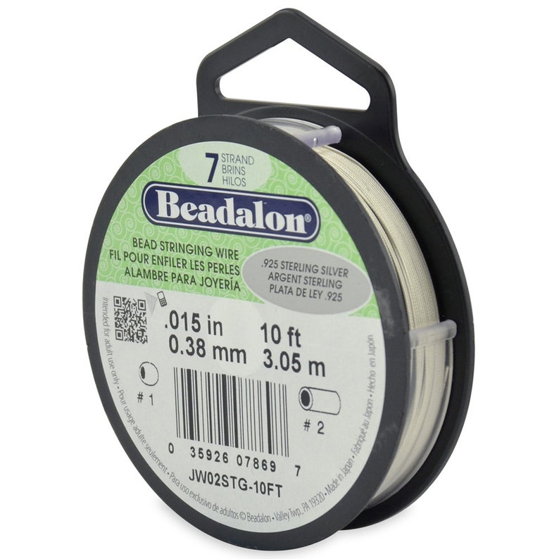 May include: A spool of 925 sterling silver bead stringing wire, 10 feet long, with a diameter of 0.015 inches. The spool is labeled "Beadalon" and has a barcode.