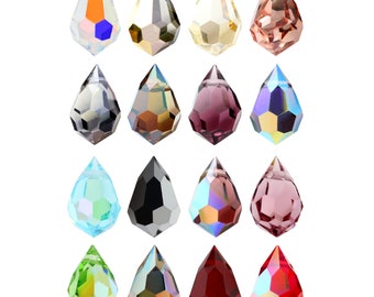 May include: Assortment of 16 teardrop-shaped crystal beads in various colors, including clear, gold, pink, purple, black, blue, green, and red.