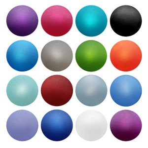 May include: A collection of 16 colorful balls, each with a different solid color. The colors include purple, pink, teal, black, blue, gray, green, orange, light blue, red, silver, dark blue, lavender, and dark purple.