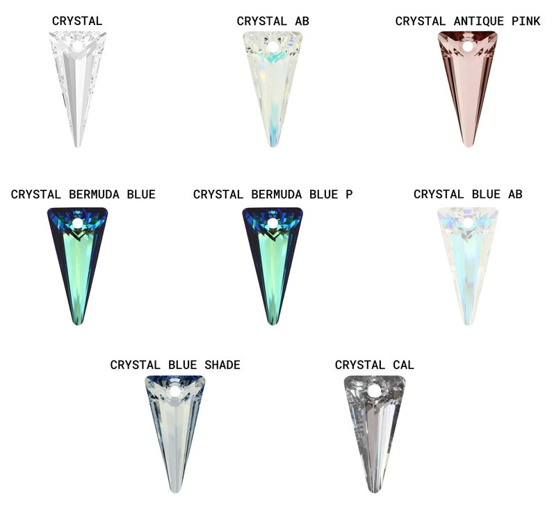 May include: Assortment of crystal pendants in various colors, including clear, iridescent, blue, and pink. The pendants are shaped like a pointed triangle.