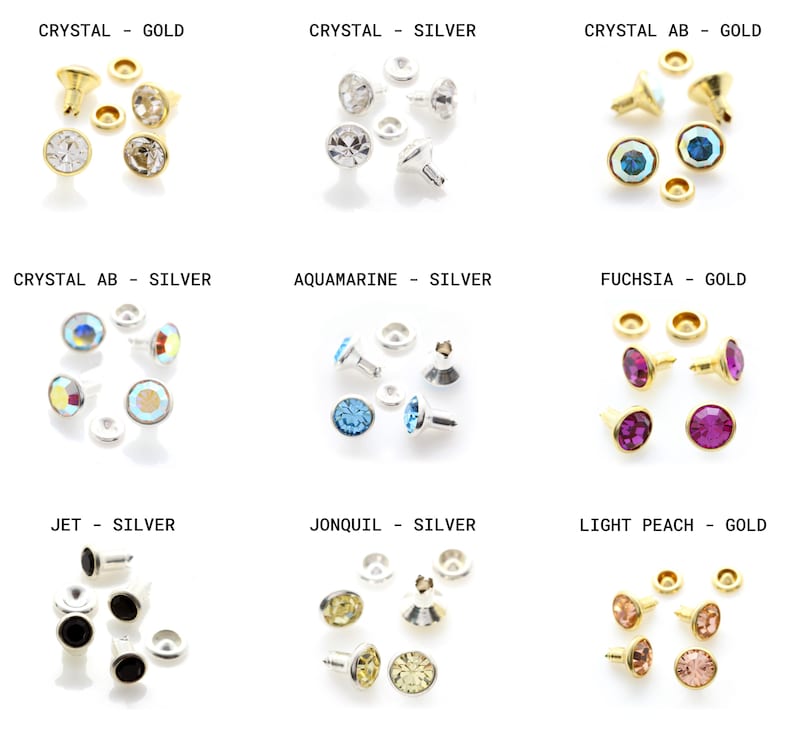 May include: Assortment of 10 different colors of round rhinestones with gold or silver settings. The colors include crystal, crystal AB, aquamarine, fuchsia, jet, jonquil, and light peach.