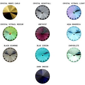 May include: Assortment of 10 round glass rhinestones in various colors, including black diamond, blue zircon, chrysolite, dark indigo, amethyst, aqua bohemica, crystal monte carlo, crystal nightfall, crystal vitrail light, and crystal vitrail medium.