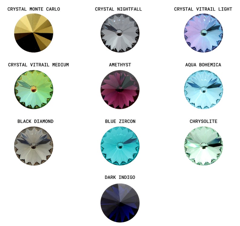 May include: Assortment of 10 round glass rhinestones in various colors, including black diamond, blue zircon, chrysolite, dark indigo, amethyst, aqua bohemica, crystal monte carlo, crystal nightfall, crystal vitrail light, and crystal vitrail medium.