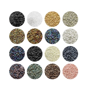 May include: A selection of small, round beads in various colours, including black, white, gold, and iridescent shades. The beads are arranged in circular patterns, showcasing their diverse hues and textures. Suitable for jewellery making and crafting.
