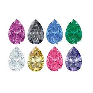 May include: Eight pear-shaped faceted gemstones arranged in two rows. The colors include magenta, dark gray, bright blue, emerald green, clear white, golden yellow, light pink, and deep purple, all featuring intricate light-reflecting facets.