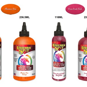 May include: Two bottles of Unicorn Spit gel stain and glaze in Phoenix Fire Orange, one 4 oz bottle and one 8 oz bottle. Two bottles of Unicorn Spit gel stain and glaze in Pixie Punk Pink Magenta, one 4 oz bottle and one 8 oz bottle.