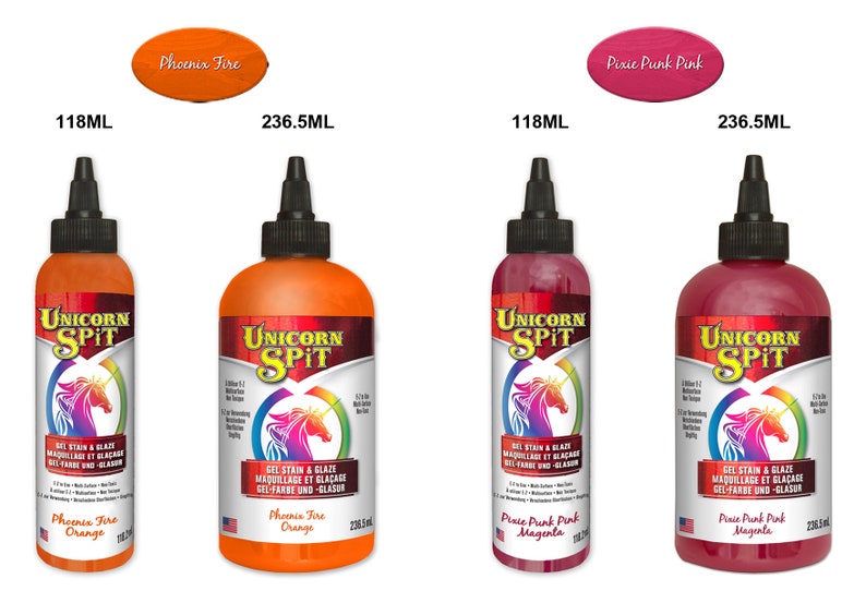 May include: Two bottles of Unicorn Spit gel stain and glaze in Phoenix Fire Orange, one 4 oz bottle and one 8 oz bottle. Two bottles of Unicorn Spit gel stain and glaze in Pixie Punk Pink Magenta, one 4 oz bottle and one 8 oz bottle.