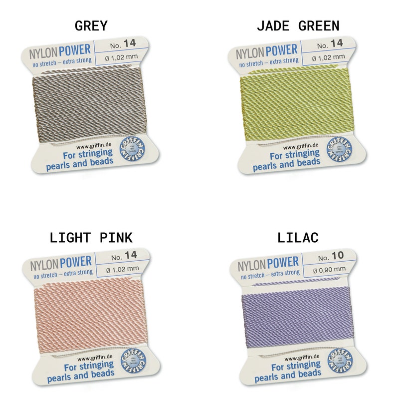 May include: Four spools of nylon power thread for stringing pearls and beads. The colors are grey, jade green, light pink, and lilac. Each spool has the text "Nylon Power" and "No stretch - extra strong" printed on it. The spools are labeled with the thread number and diameter.