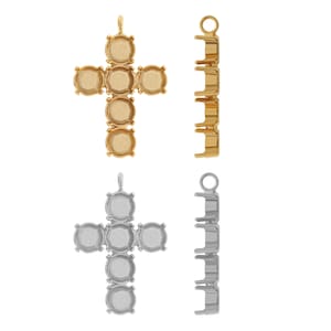 Op de afbeelding: Twee sets kruisvormige hangerbevestigingen, een gouden en een zilveren, elk met zeven ronde bezel-instellingen voor stenen. Elke set bevat ook een bijpassend connectorstuk met vijf bezel-instellingen.