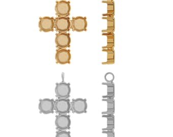 Base de fianza de metal de latón en forma de cruz - Para cristales en forma de chatón - Diferentes tamaños - Chapado en oro, Color plata - 1 pieza - Cristales de incrustación