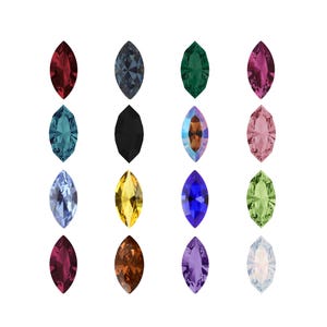 May include: A collection of sixteen marquise-cut gemstones arranged in a four-by-four grid. The stones feature a variety of colors including deep red, dark gray, emerald green, magenta, teal, black, iridescent, light pink, light blue, yellow, blue, lime green, dark red, brown, purple, and clear white.