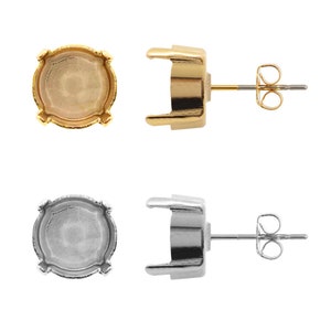 May include: Two pairs of earring settings, one gold and one silver. Each setting has a round bezel for a stone and a post with a butterfly back.