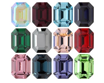 Puede incluir: Surtido de doce gemas talla esmeralda en varios colores, incluyendo verde, azul, rojo, rosa y morado.