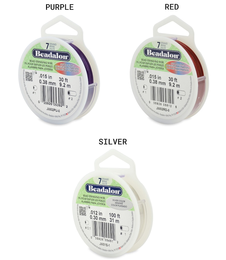 May include: Three spools of Beadalon bead stringing wire. The spools are labeled with the colors purple, red, and silver. Each spool has a label with the wire thickness in inches and millimeters, the length in feet and meters, and the product code.
