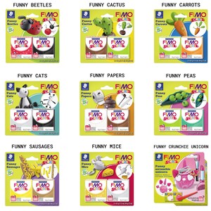May include: A set of 10 FIMO Kids modeling clay packs, each featuring a different theme, such as funny beetles, cactus, carrots, cats, papers, peas, sausages, mice, and a crunchie unicorn. Each pack includes two 56 gram blocks of clay in different colors.