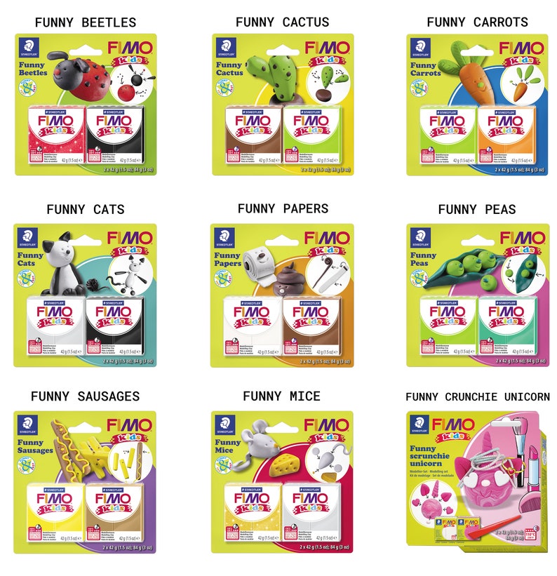 May include: A set of 10 FIMO Kids modeling clay packs, each featuring a different theme, such as funny beetles, cactus, carrots, cats, papers, peas, sausages, mice, and a crunchie unicorn. Each pack includes two 56 gram blocks of clay in different colors.