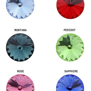 May include: Six different colors of round, faceted glass rhinestones. The colors are light sapphire, light siam, montana, peridot, rose, and sapphire.