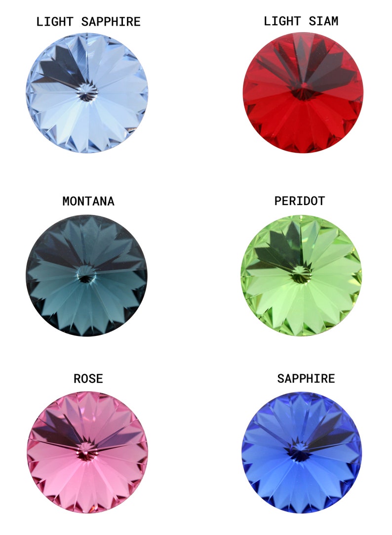 May include: Six different colors of round, faceted glass rhinestones. The colors are light sapphire, light siam, montana, peridot, rose, and sapphire.