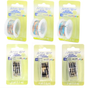 May include: Six spools of Artistic Wire craft wire in various gauges and colours. The spools are labelled with the gauge, colour, and length of the wire. The wire is available in 22 gauge multicolor, 20 gauge multicolor, 18 gauge multicolor, 22 gauge multicolor, 20 gauge multicolor, and 18 gauge multicolor.