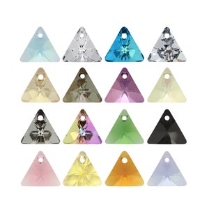 May include: Assortment of 15 triangle-shaped crystal pendants in various colours, including clear, light blue, light pink, light green, and black.