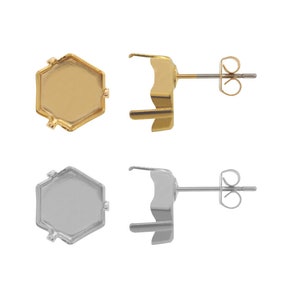 May include: Two pairs of earring components. One pair is gold-toned, featuring a hexagonal bezel and a post with a butterfly clutch. The other pair is silver-toned, with the same hexagonal bezel and post design.