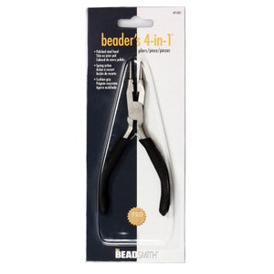 May include: A black and silver 4-in-1 beading pliers with a spring action and cushioned grip. The pliers are packaged on a white card with the text "beader's 4-in-1 pliers/pince/pinzas" and "PRO QUALITY".