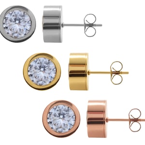 Stainless Steel Stud Post Earrings with Changeable Stones - 10.5x5.5mm Dimensions - Finished Jewelry - Fit Primero Round Cut Zirconia 8mm