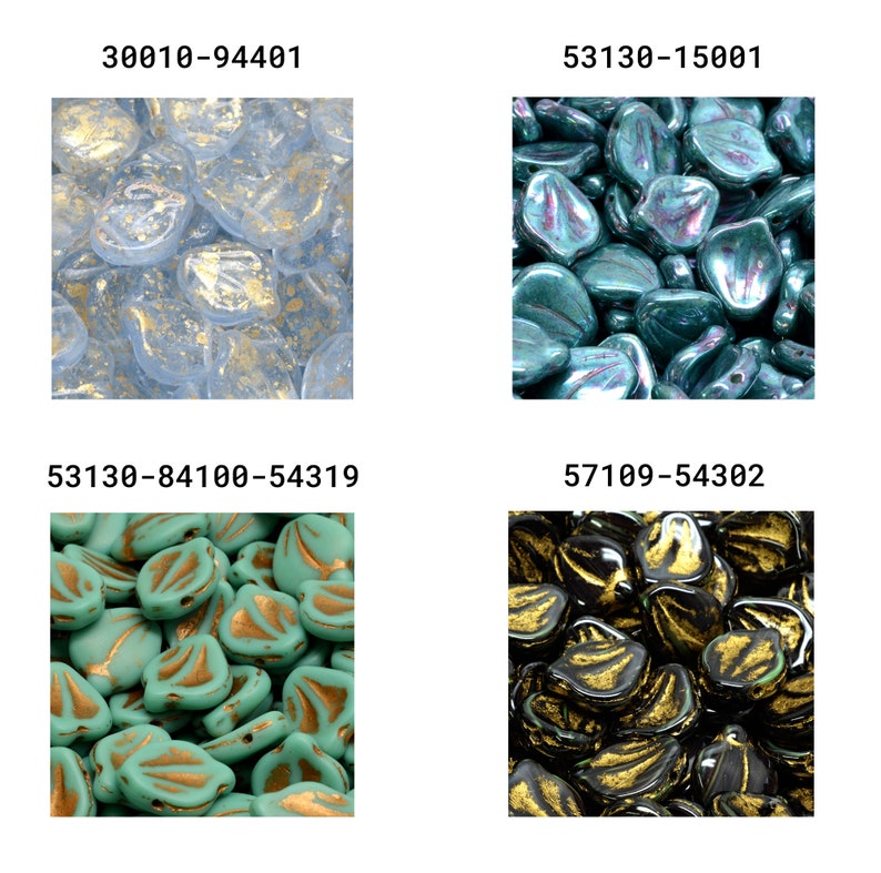 May include: Assortment of glass beads in various colors and patterns. The beads are shaped like leaves and have a glossy finish. The beads are arranged in four groups, each with a different color and pattern.