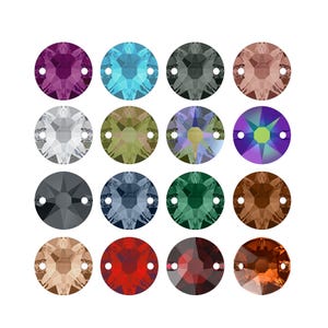 May include: A collection of sixteen circular, faceted crystal sew-on stones arranged in a four-by-four grid. Each stone features two side holes for attachment and displays a unique colour, including shades of purple, blue, grey, pink, green, and red.
