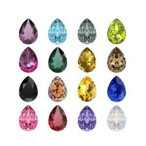 May include: A collection of sixteen pear-shaped faceted gemstones arranged in a four-by-four grid. The stones feature a variety of colours including purple, light blue, grey, lime green, magenta, dark green, gold, brown, black, orange, yellow, blue, pink, red, violet, and clear.